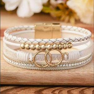 White 2 Rings Beads & Braid Magnetic Bracelet